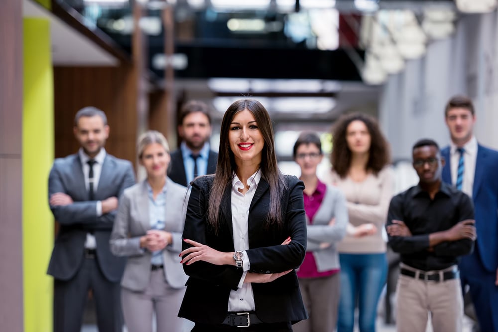 young multi ethnic business people group walking standing and top view